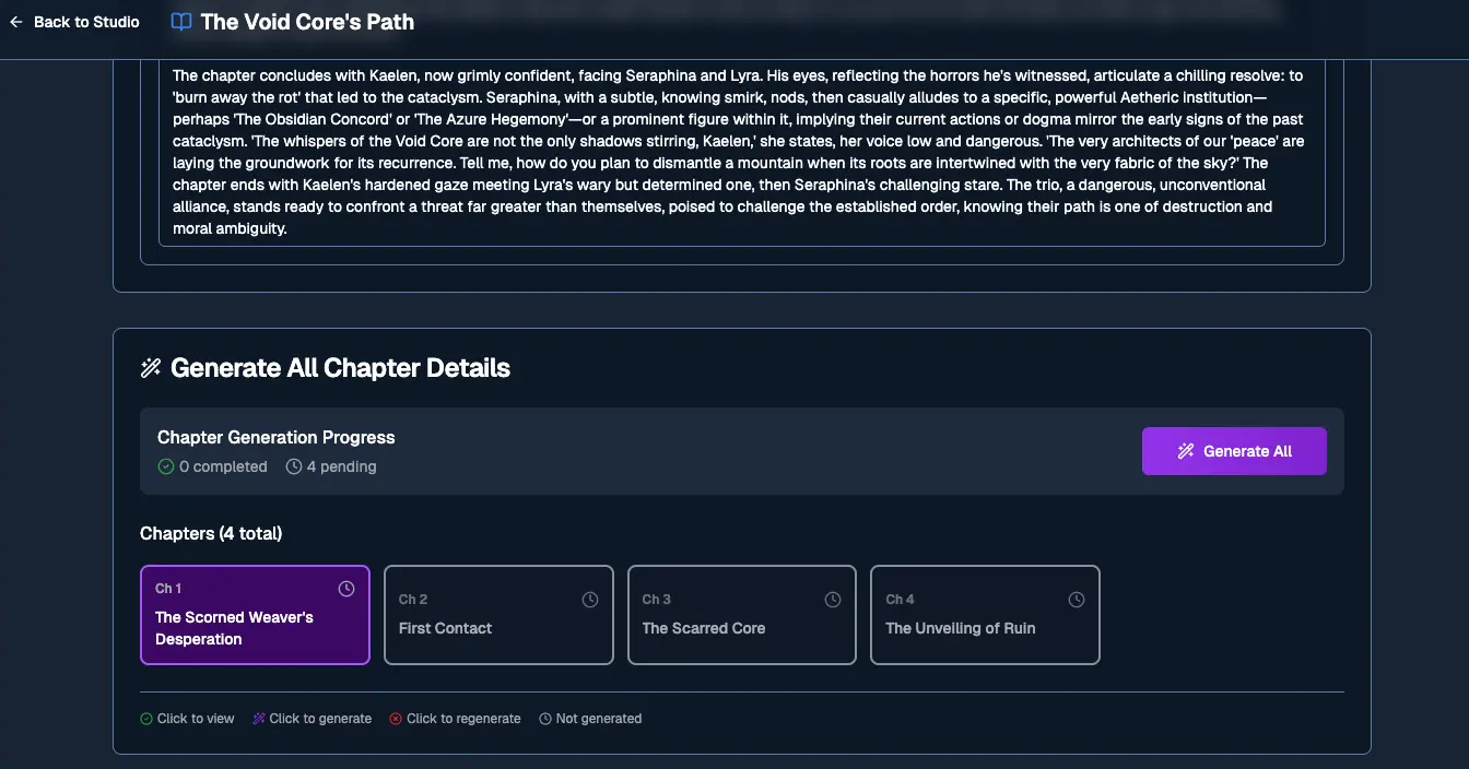 Step 6 showing chapter content generation progress and the chapter editor interface after completion