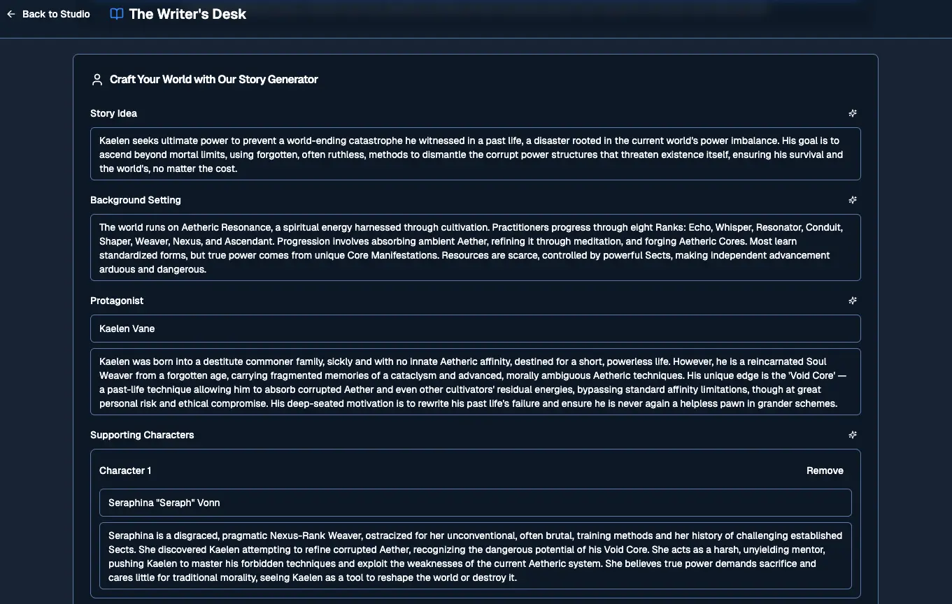Step 2 interface showing story world building, including character cards and background setting editor with AI generate buttons for each element