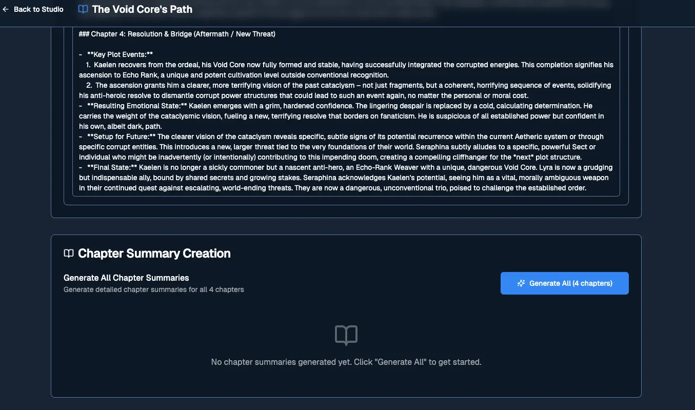 Step 5 showing chapter summary list, displaying each chapter's name and detailed summary content