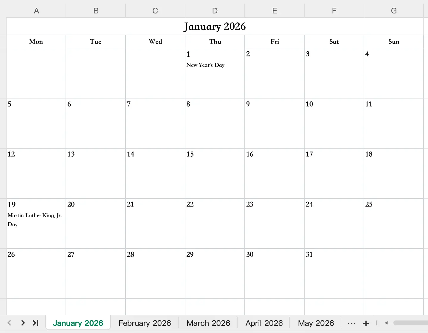 Preview of the 2026 monthly calendar template