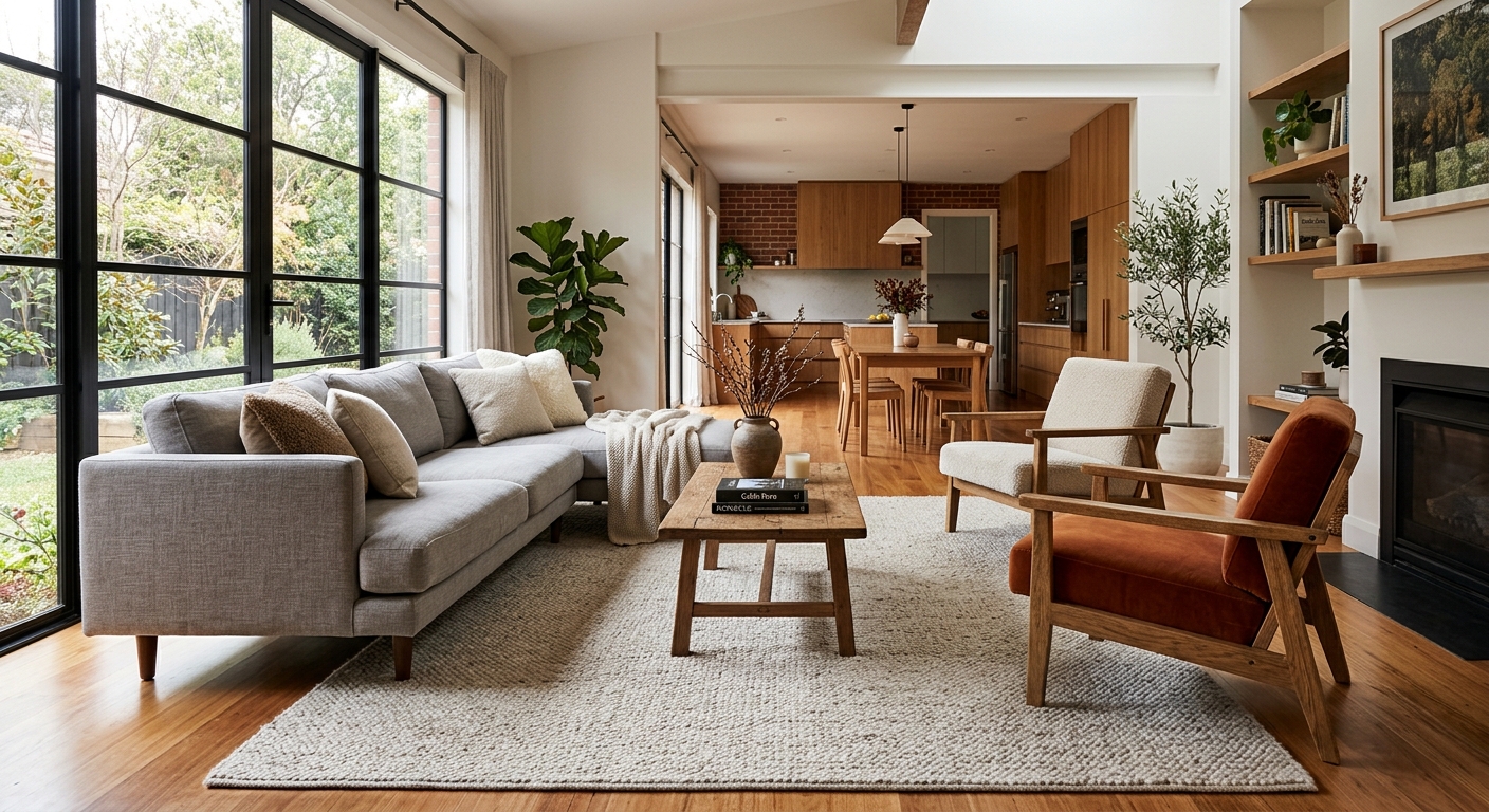 A large area rug anchoring the living room seating zone in an open floor plan