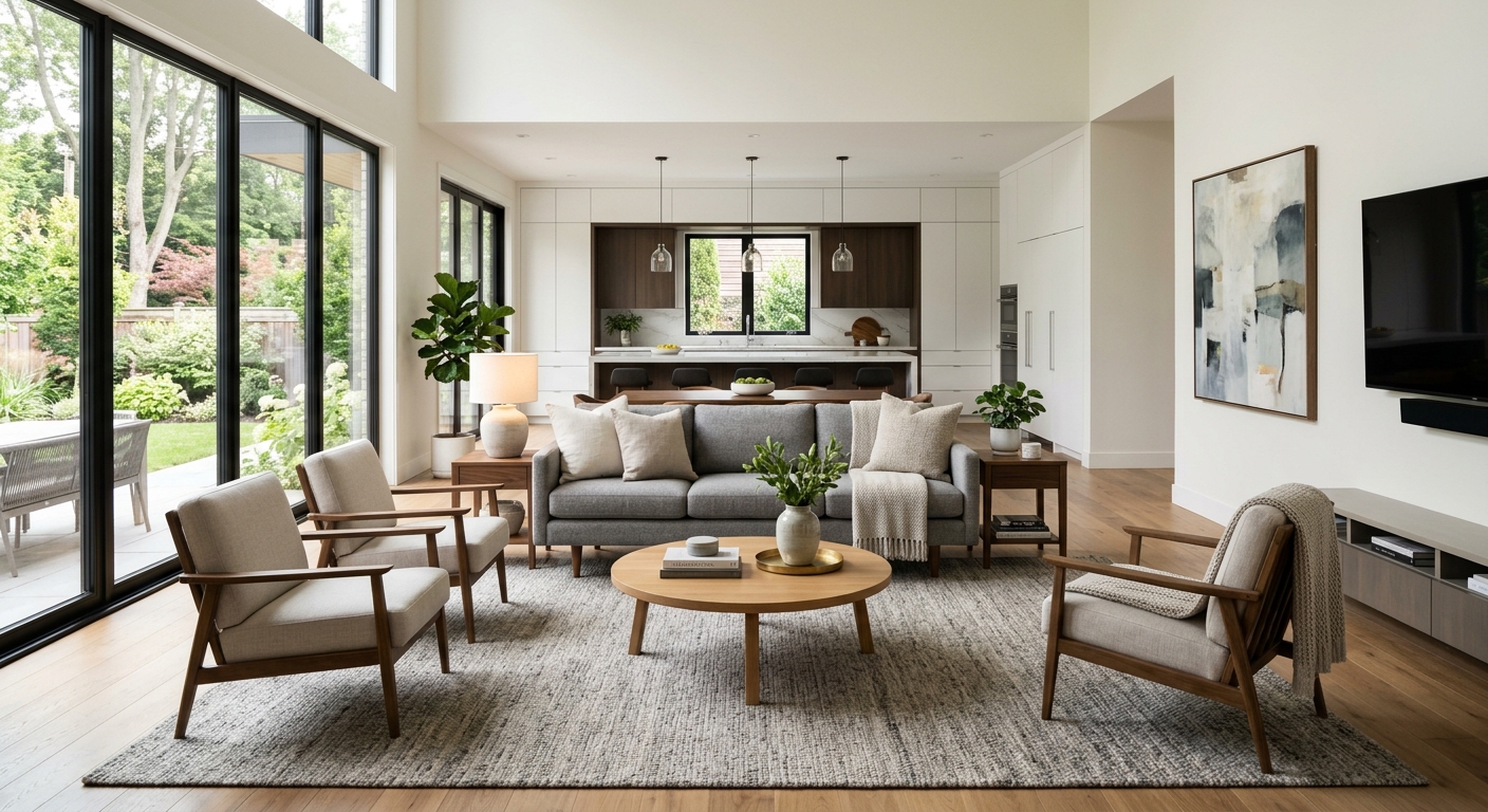 Floating sofa with its back to the kitchen creating a divider in an open floor plan