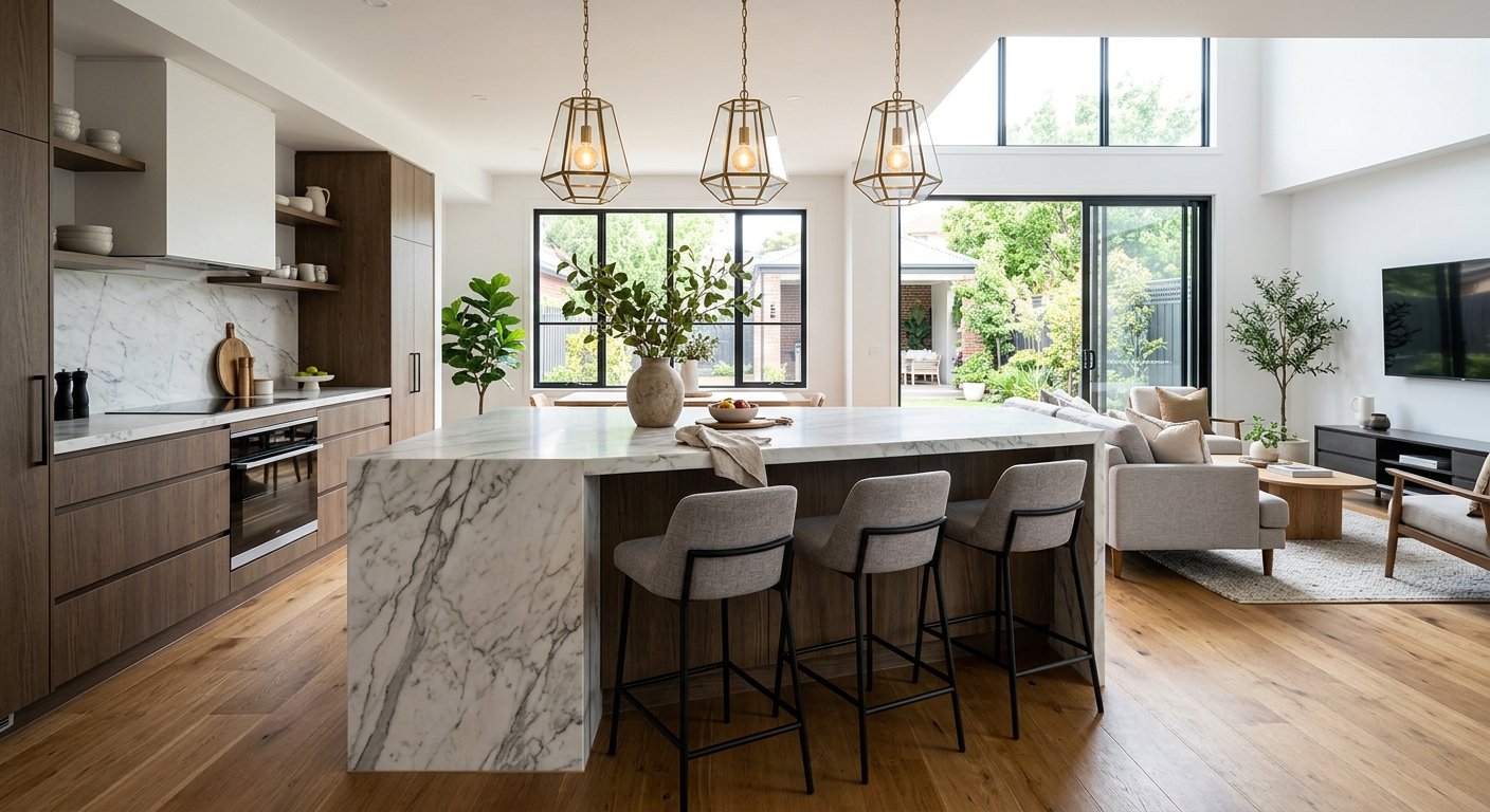 Kitchen island with counter stools dividing the kitchen from the living area