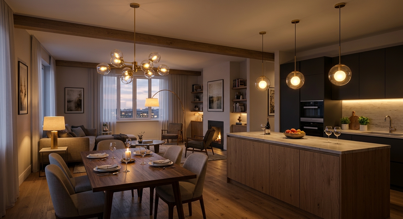 Layered lighting defining the kitchen, dining and living zones of an open floor plan