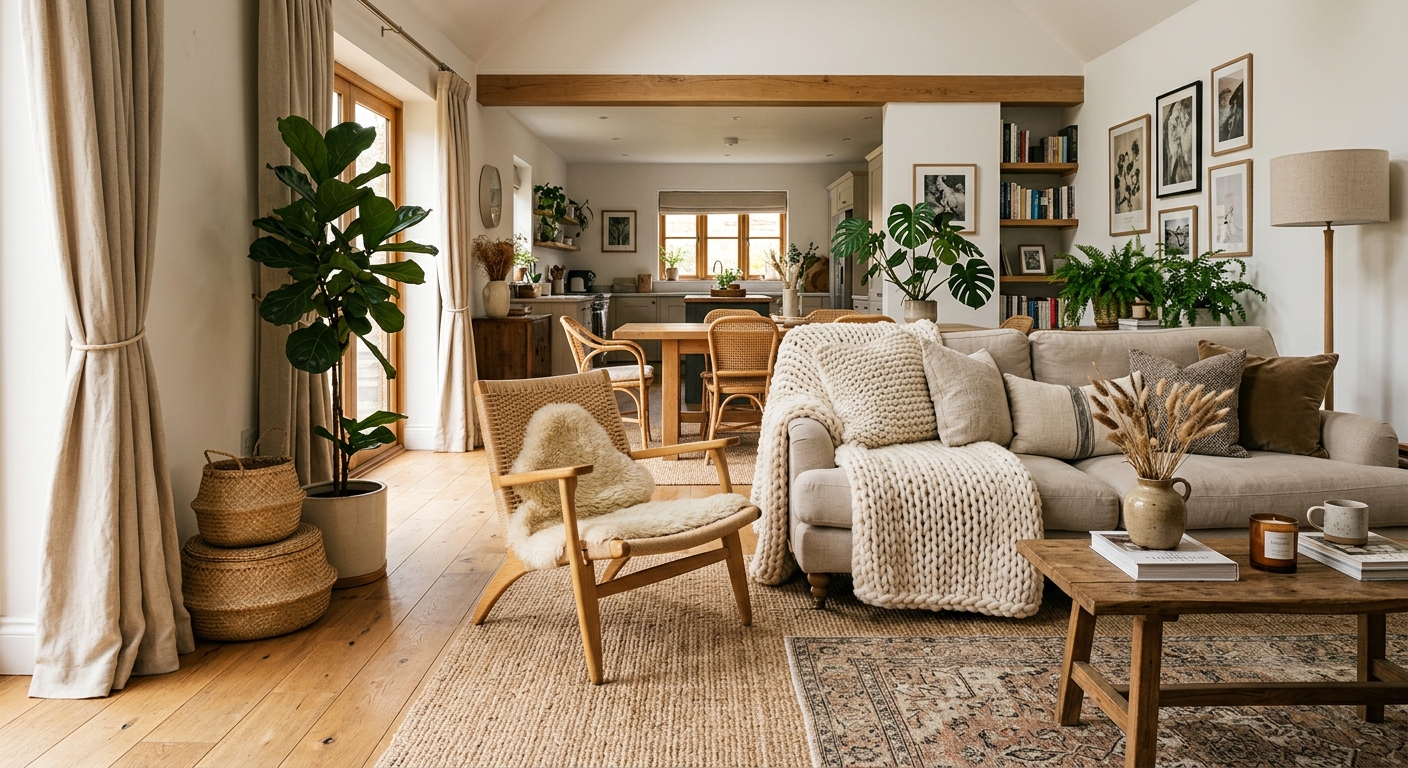 A cozy open floor plan living room layered with textures, plants and natural materials