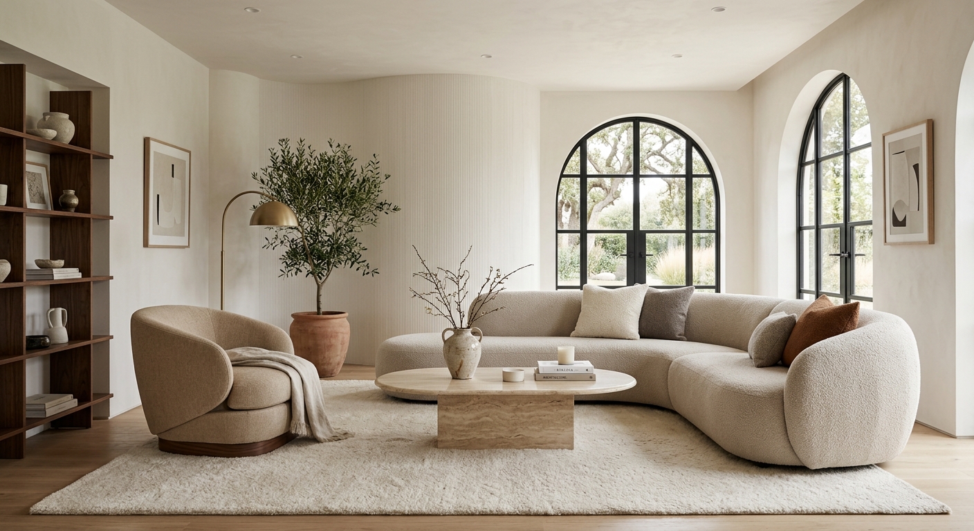 Salón moderno con muebles de líneas curvas y sofá redondeado