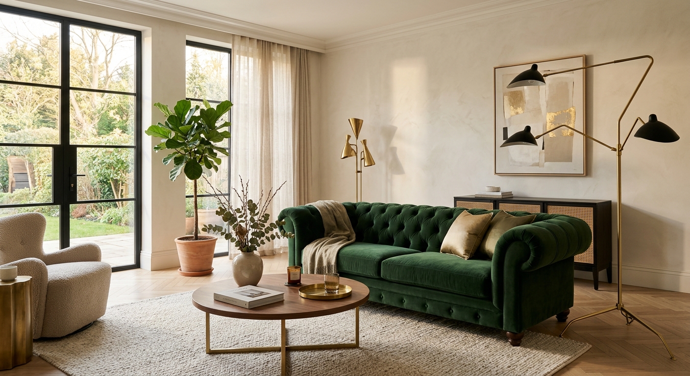 Salón elegante con sofá de color verde como pieza protagonista