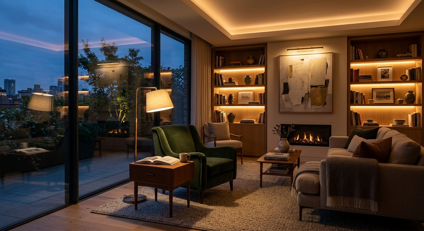 Salón moderno iluminado por capas: luz ambiental, de tarea y de acento