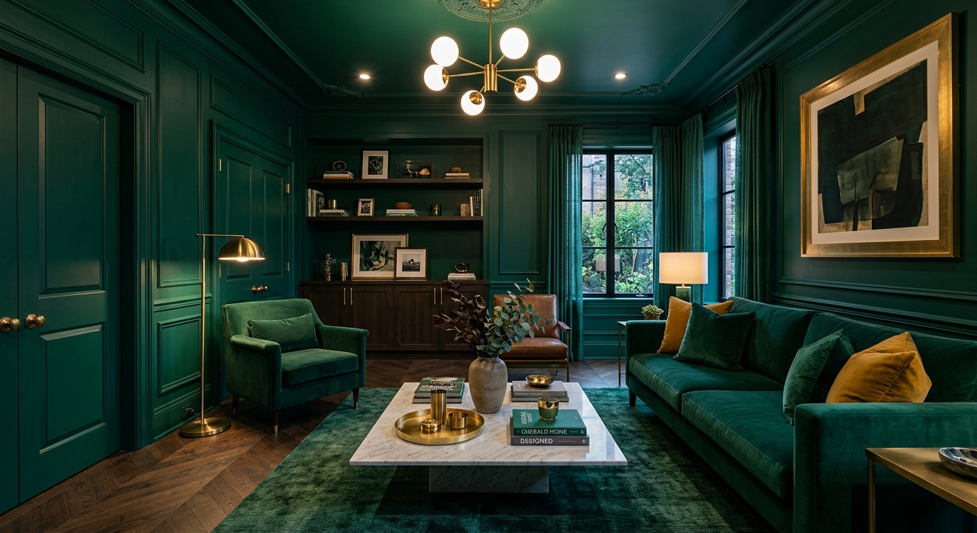 Salón con color drenching en tono joya esmeralda