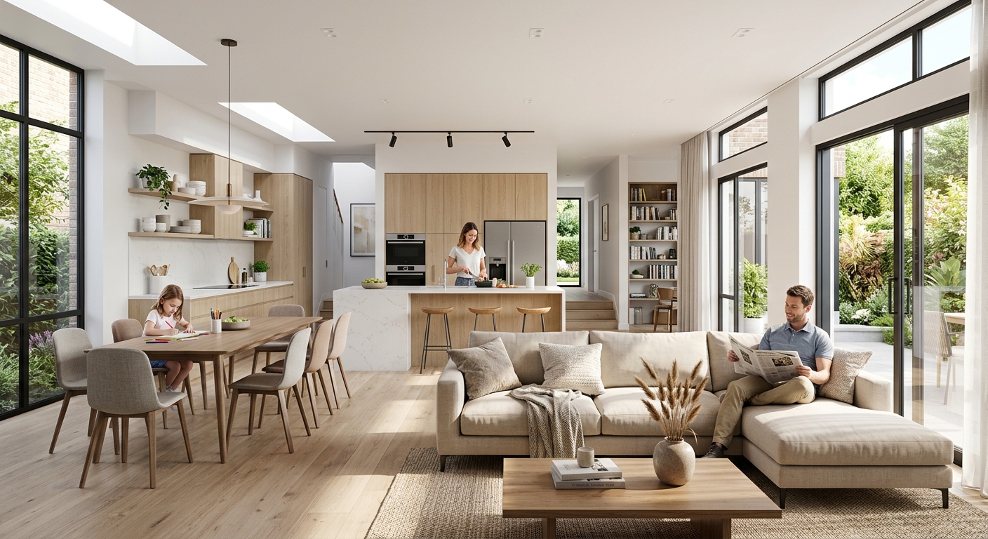 Salón con cocina integrada lleno de luz natural y sensación de amplitud