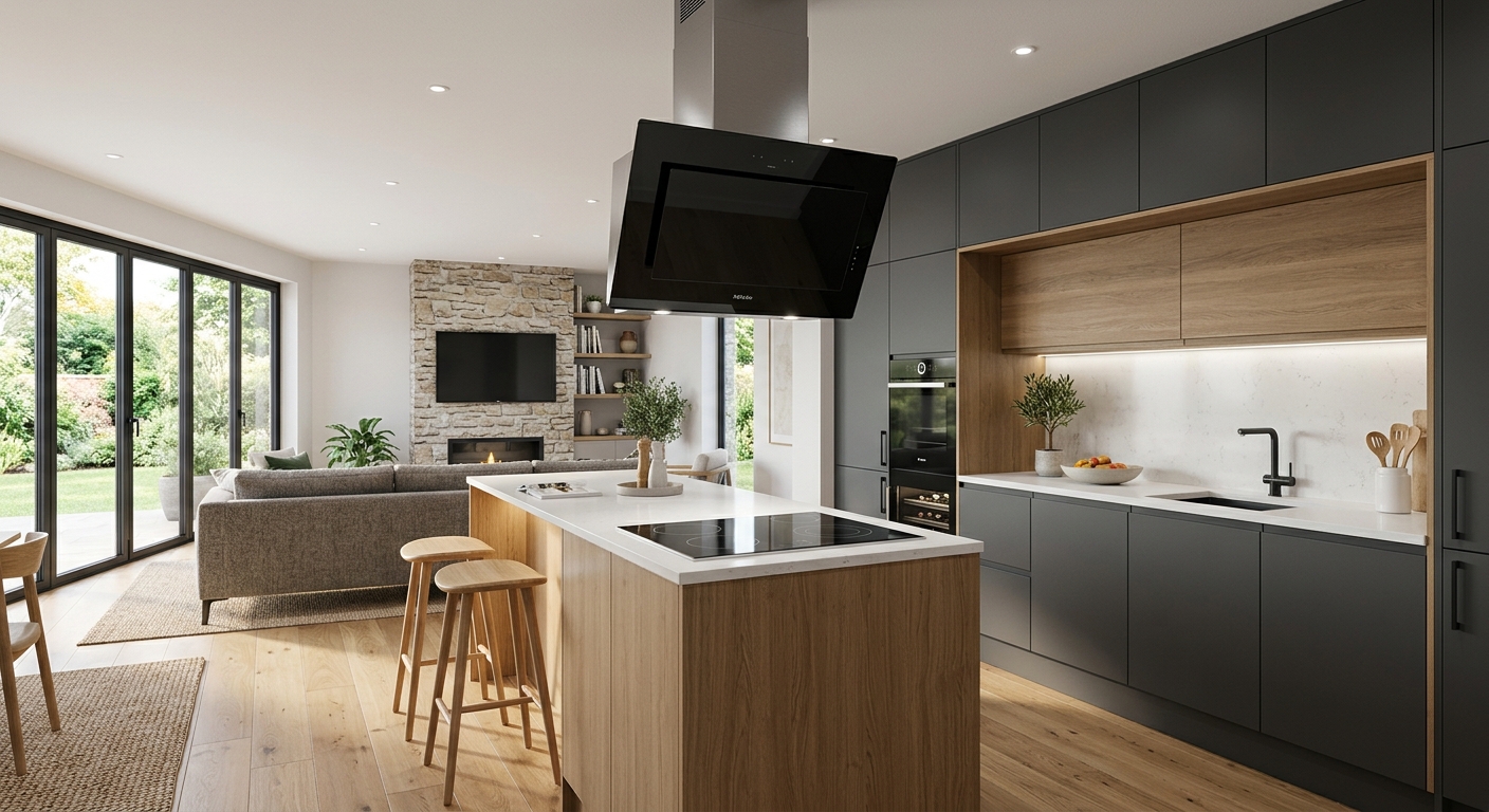 Cocina abierta con campana extractora potente y mucho almacenamiento cerrado
