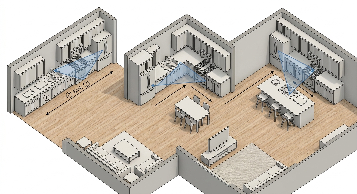 Distribuciones de cocina integrada en el salón: lineal, en L y con isla