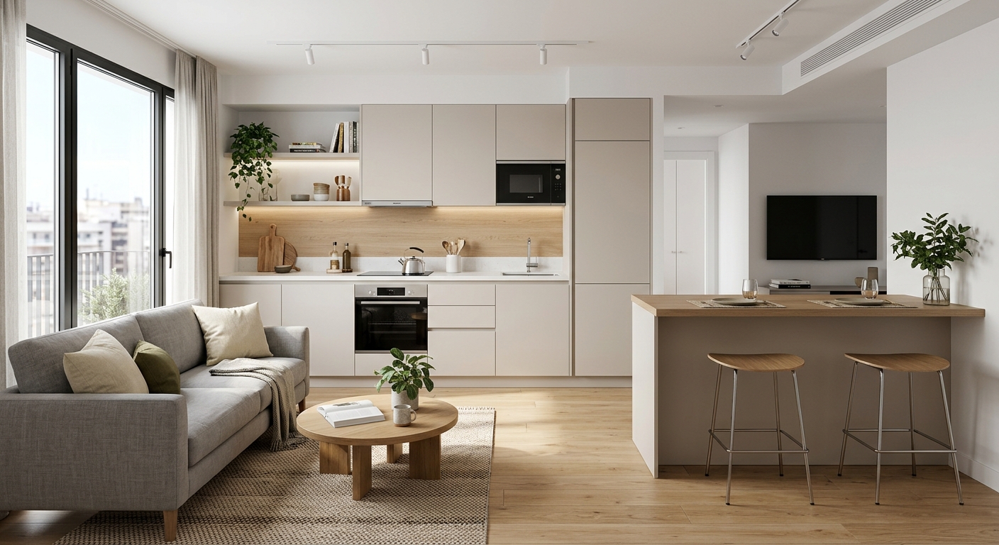 Salón-cocina pequeño con cocina lineal y barra americana que amplía el espacio