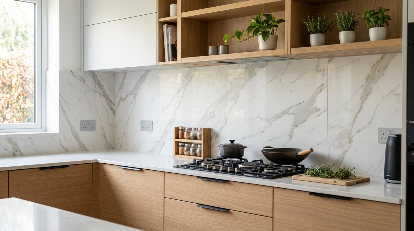 Azulejos de gran formato en una cocina moderna, tendencia 2026