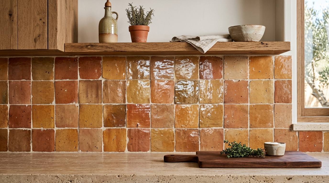 Azulejos zellige artesanales en tonos tierra en una cocina mediterránea