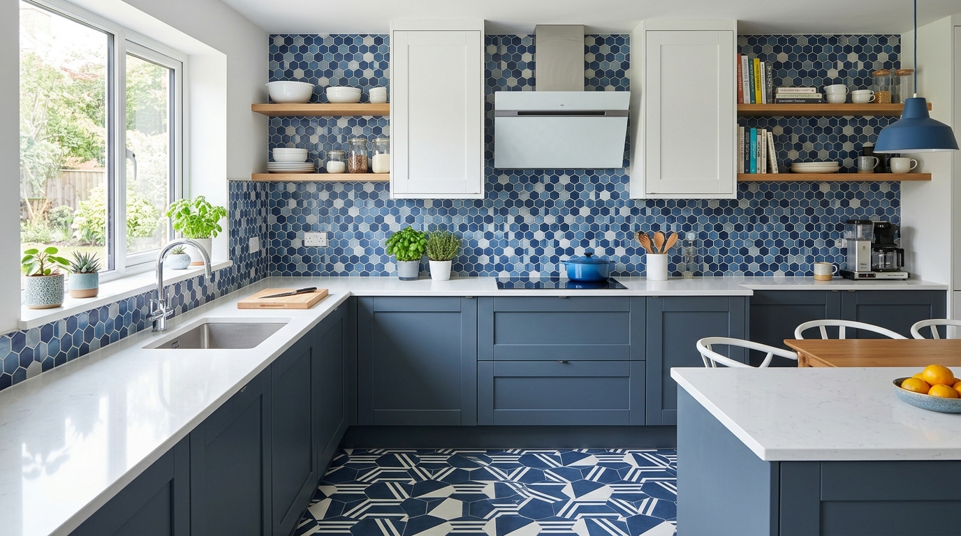 Azulejos hexagonales y geométricos en una cocina contemporánea