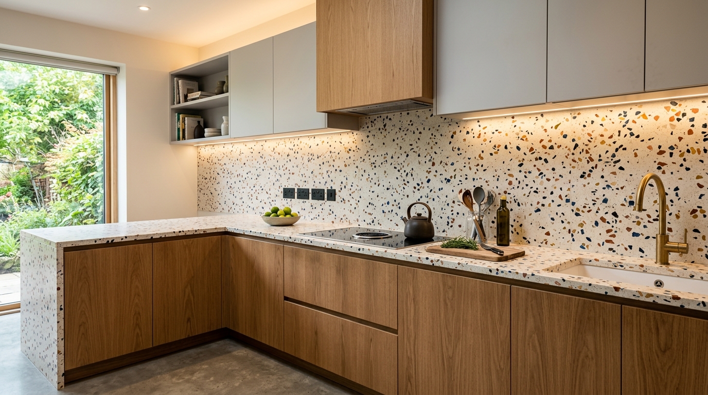 Azulejos de terrazo con motas de colores en una cocina moderna