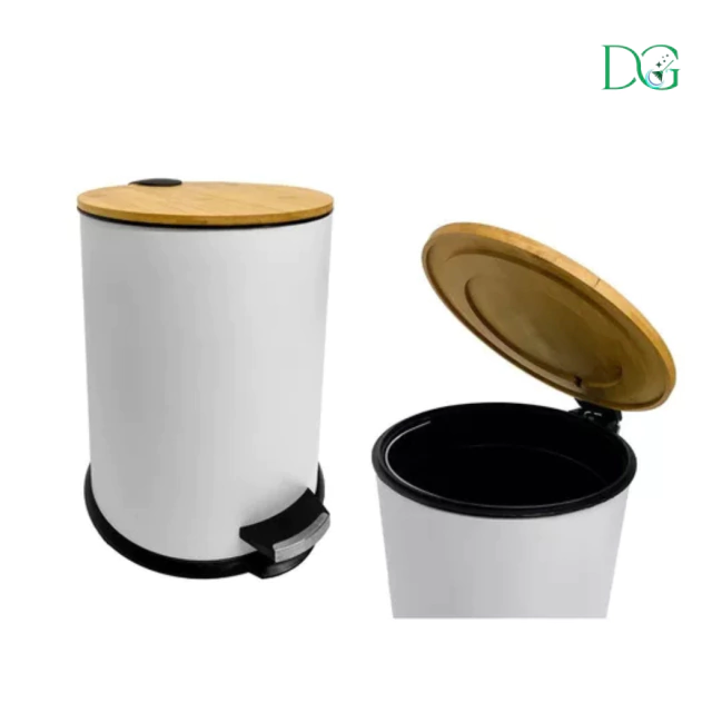 Cesto de basura blanco con tapa de bambu 5litros