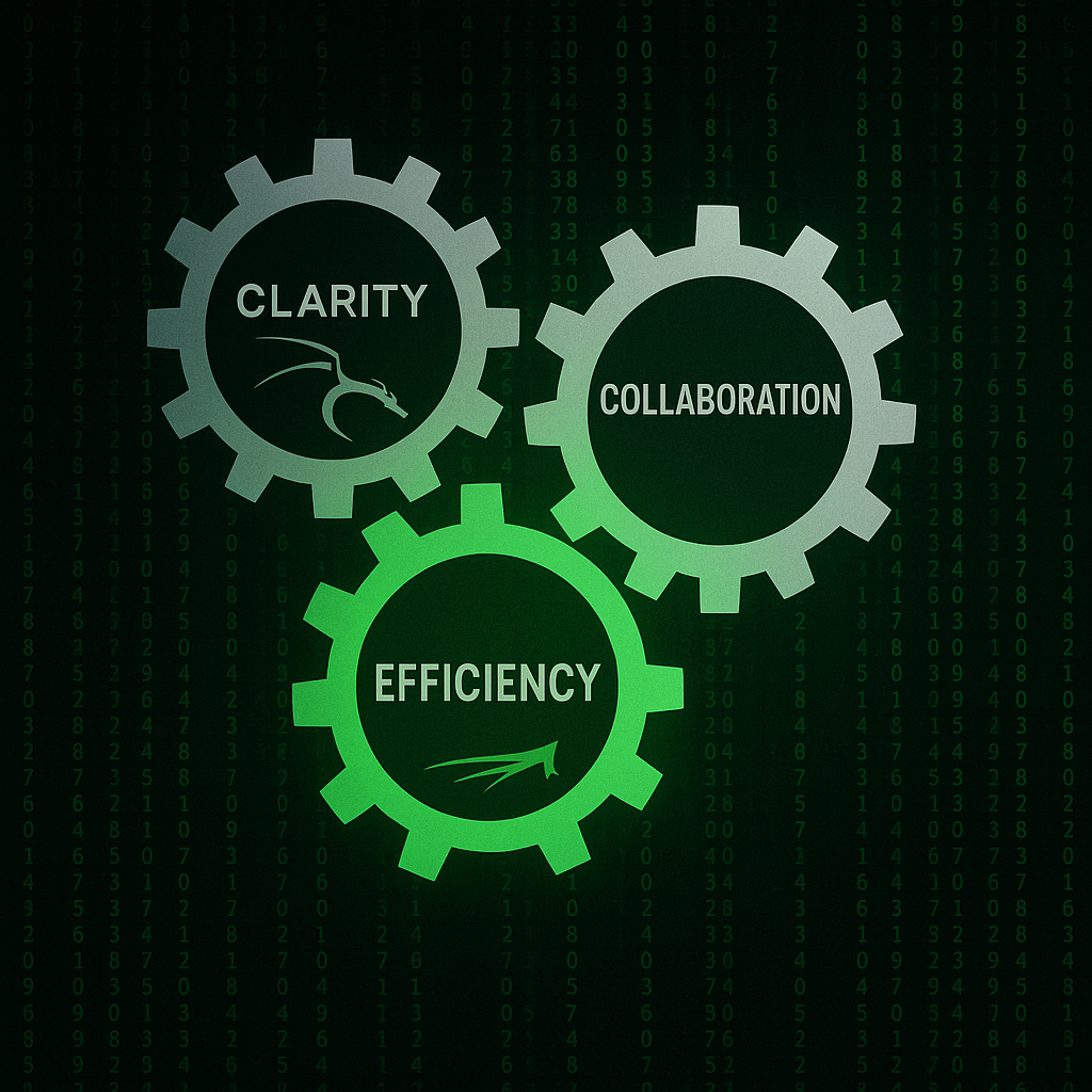 Three interlocked gears, one glowing with an AI symbol, symbolizing clarity, efficiency, and amplified collaboration in coding.