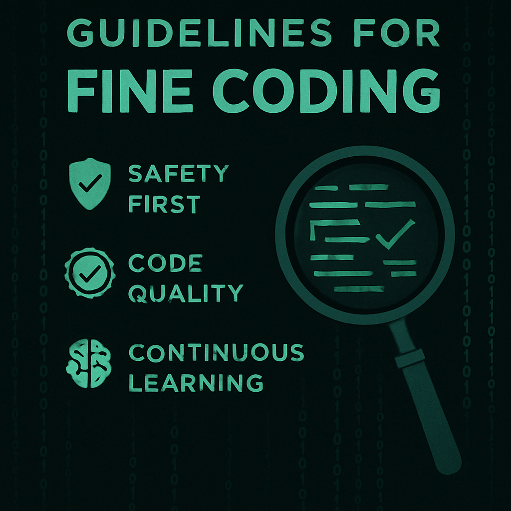 A magnifying glass examining lines of code, with security and quality elements represented by shield and seal of approval icons.