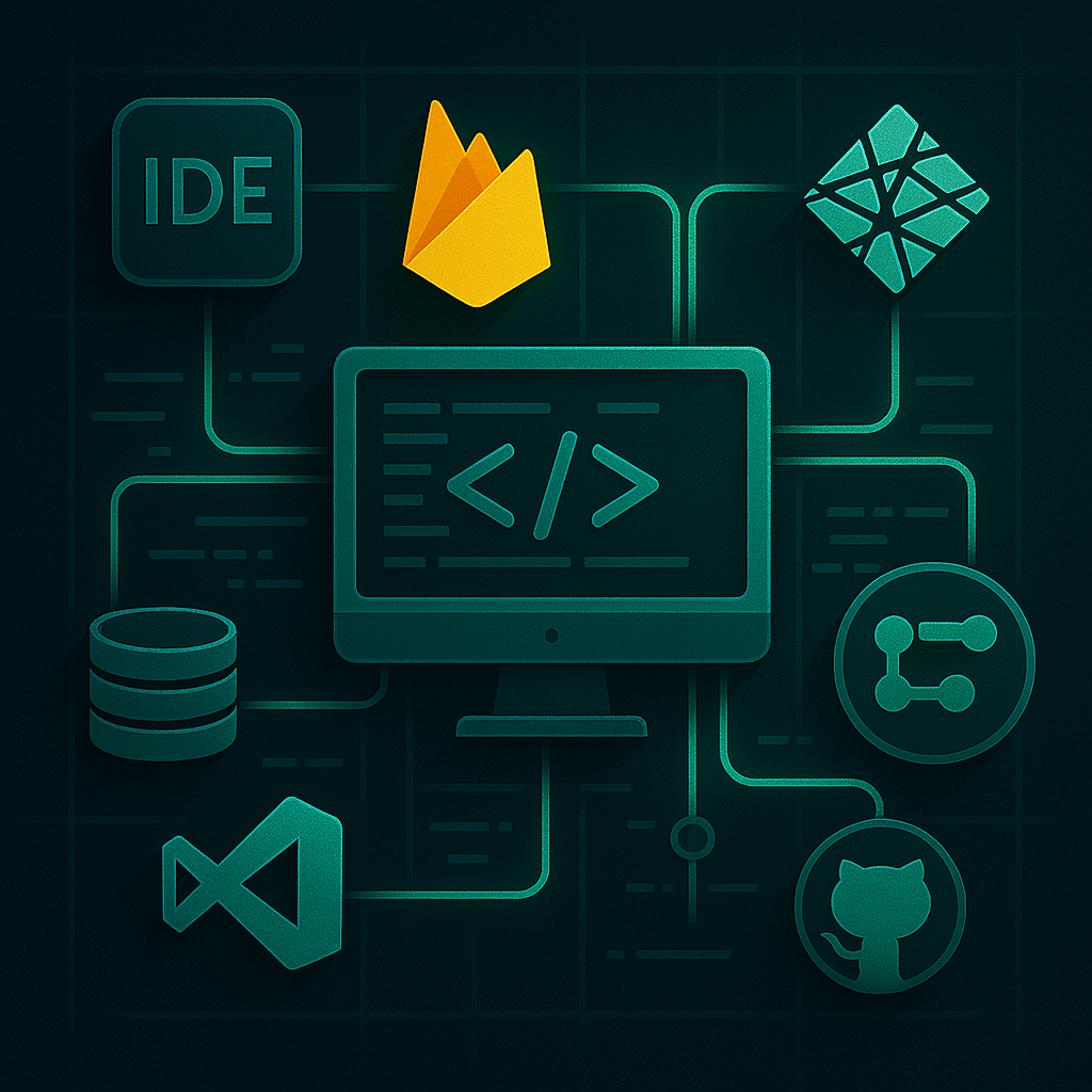 A digital dashboard filled with interconnected icons representing IDEs, cloud platforms, and DevOps tools, highlighted with neon green flows.