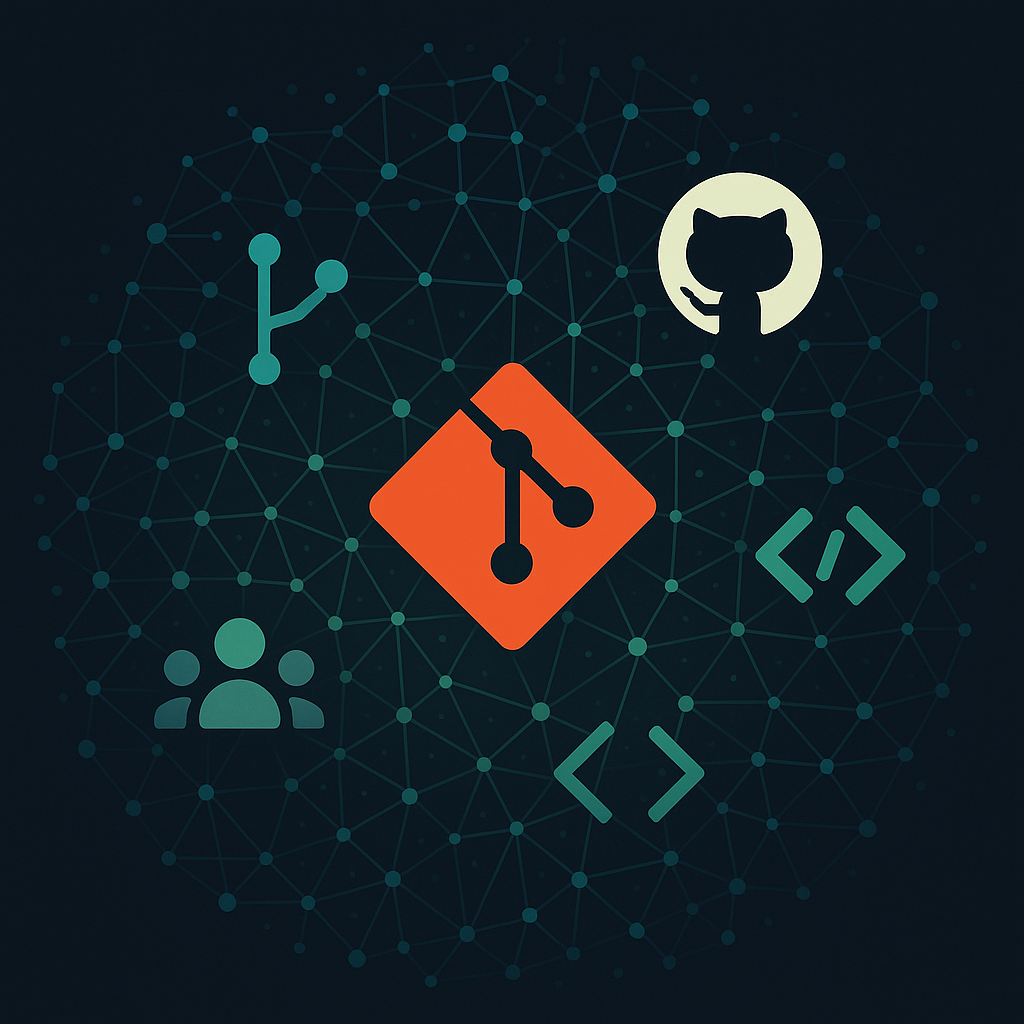 A complex web of interconnected nodes, with glowing green lines symbolizing Git's distributed system, and smaller nodes representing GitHub services like PRs, Actions, and Issues.