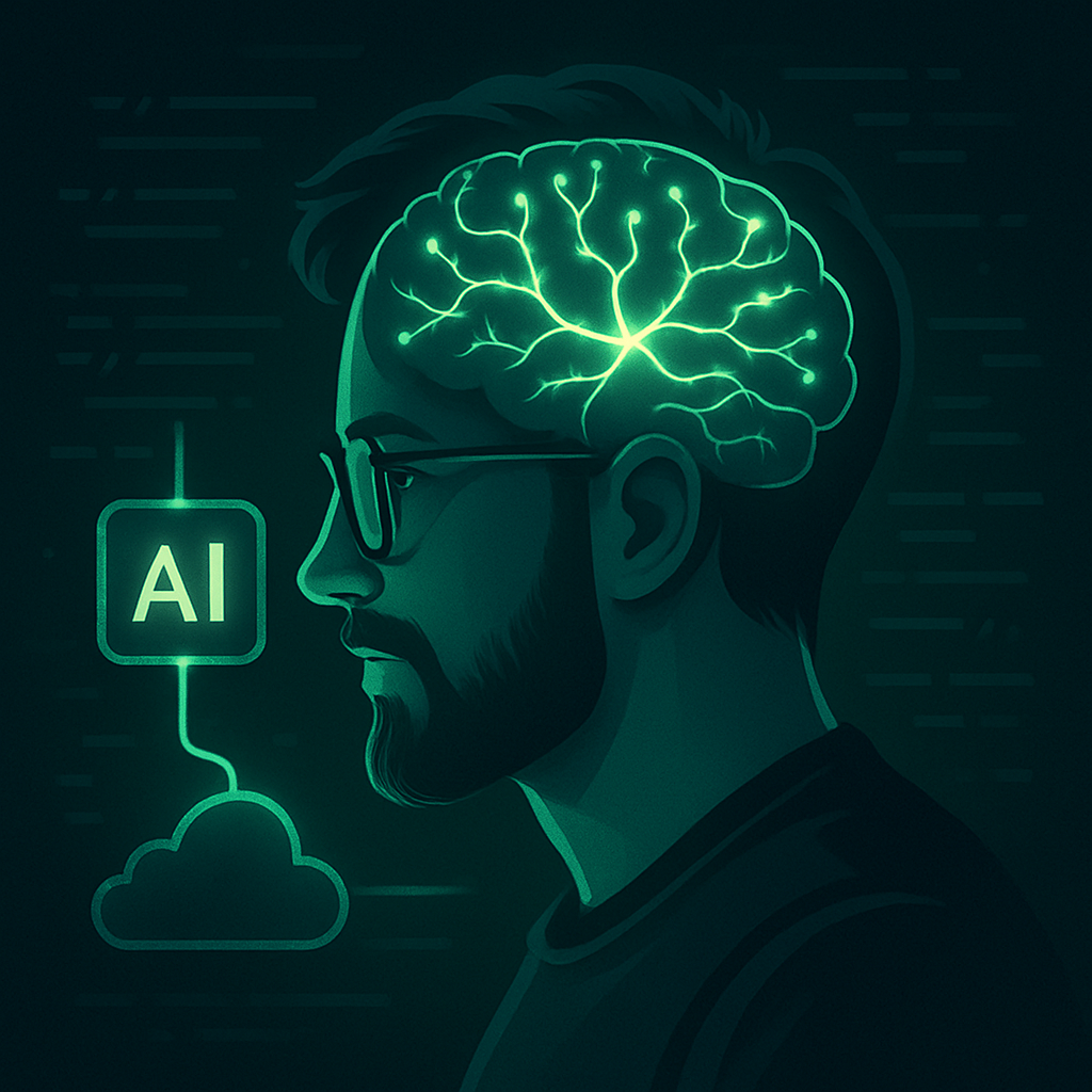 A stylized brain illuminated by green neural connections, surrounded by abstract code lines and a glowing AI icon, symbolizing strategic thinking and the fusion of human intelligence with AI.