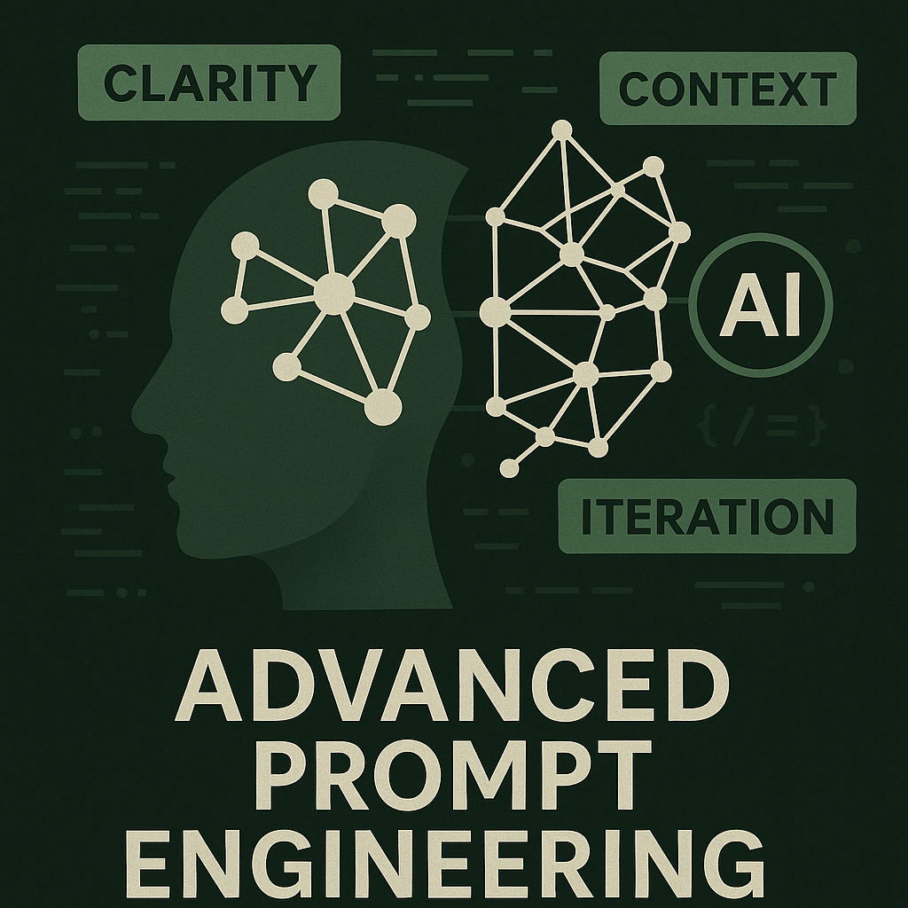 A stylized representation of human thoughts connecting to a neural network, with keywords like "clarity," "context," and "iteration" floating around, symbolizing the art of effective prompt engineering.