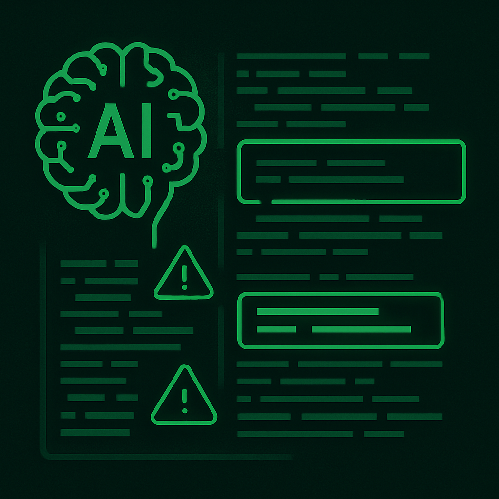 An AI brain icon overseeing lines of code, with highlights indicating potential improvements or issues, symbolizing intelligent code review.