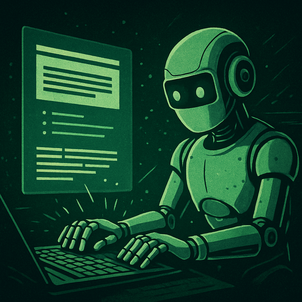 An AI assistant typing rapidly on a keyboard, generating clear and well-structured documentation for software, symbolizing efficiency and clarity.