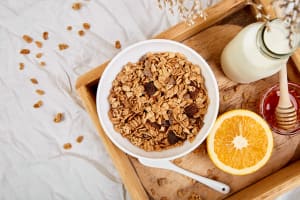 Good morning. Breakfast on white bed sheets.