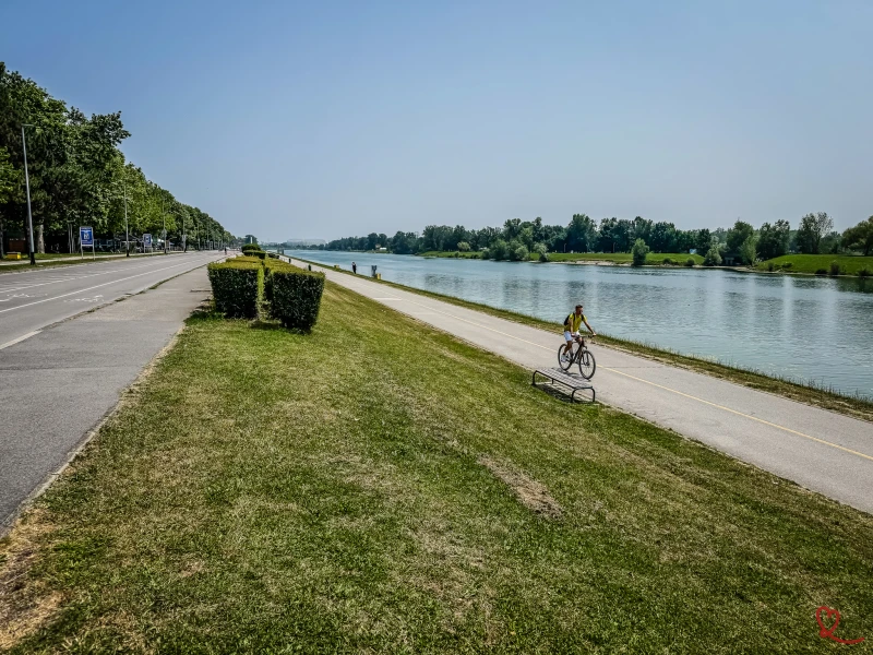 Ciclista en un carril bici del lago Jarun, con árboles al fondo.
