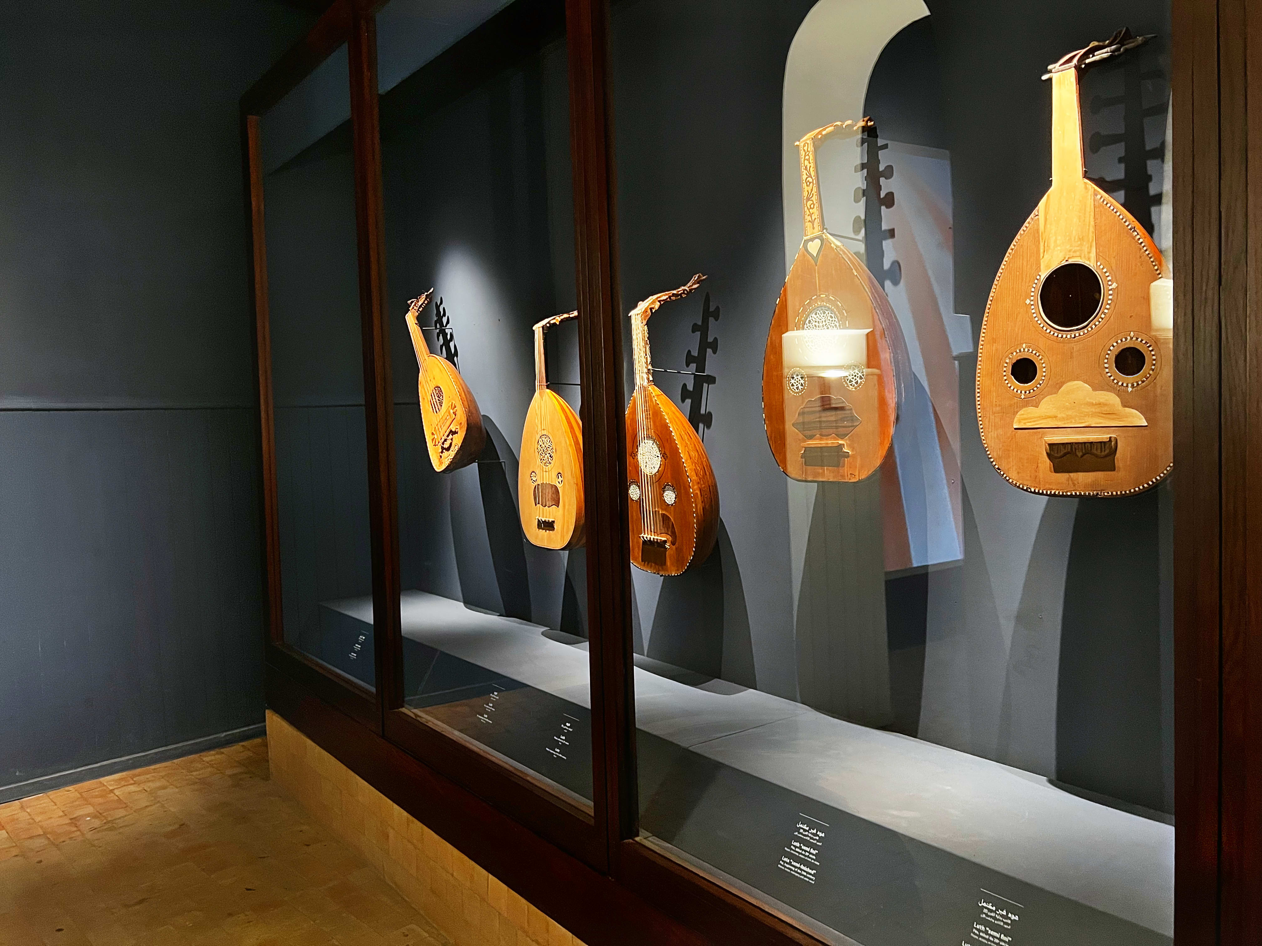 Vitrine avec cinq luths exposés dans un musée sombre