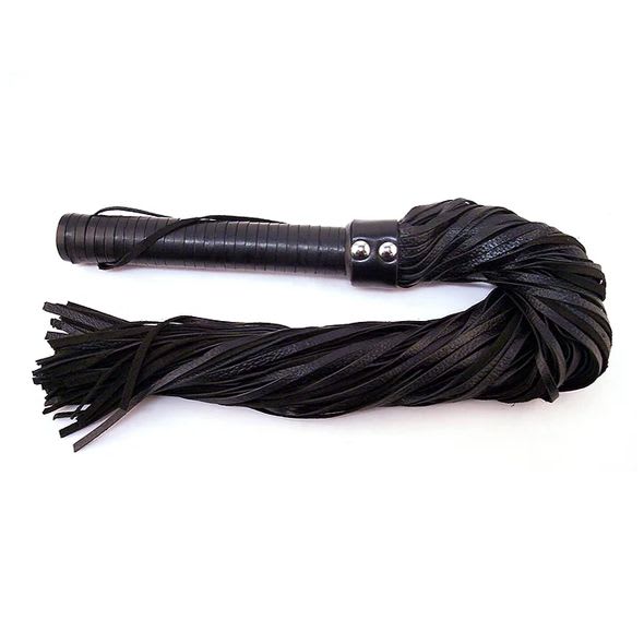 Black leather flogger with handle and stripes