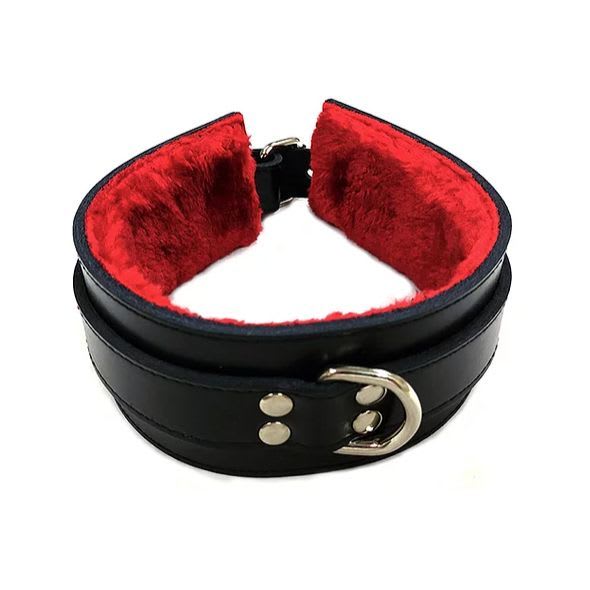 Red fur collar with a black leather front with a link for a lead