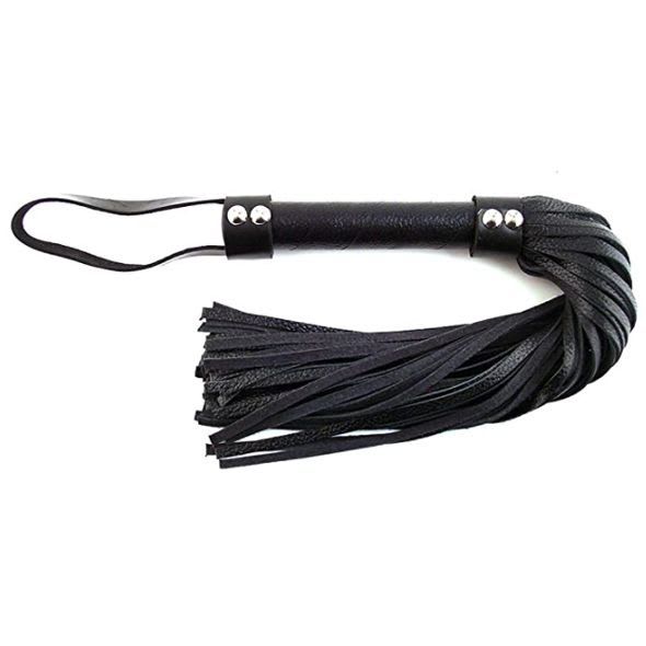 Leather flogger H style lay against a white background