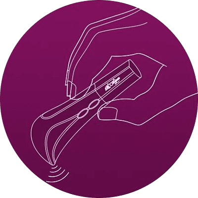 Illustration of a hand holding Amo bullet vibrator and vibrations emitting from the tapered tip
