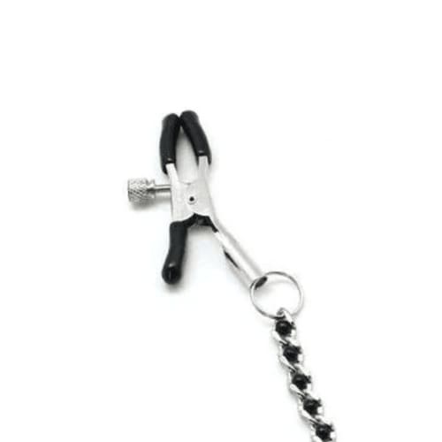 Close up of a nipple clamp with black beading