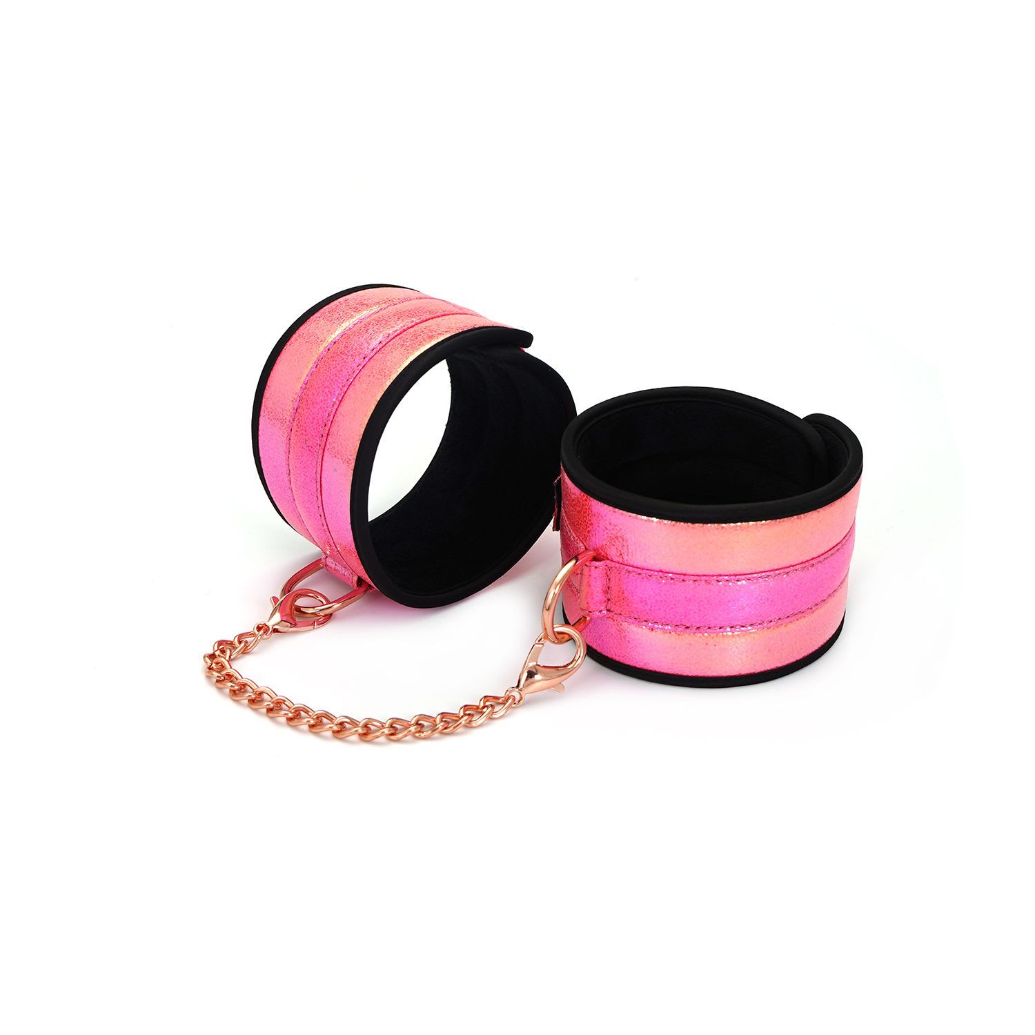 pink bondage set - wrist cuffs with gold chain