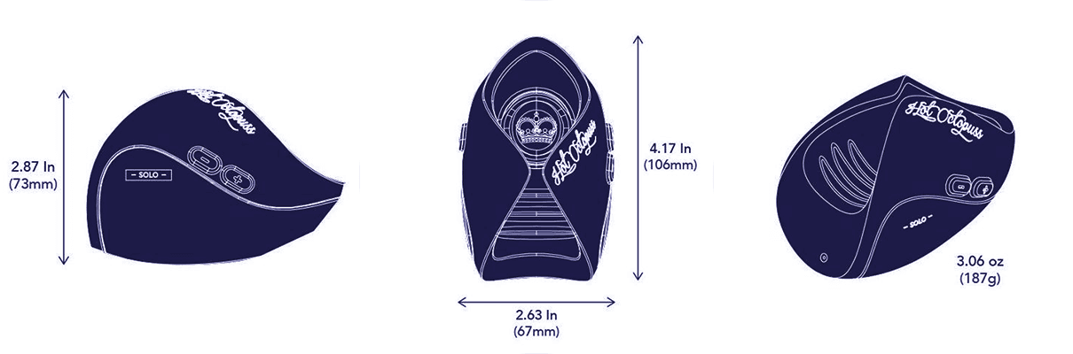 drawing showing the sizes of the pulse solo lux from different angles 