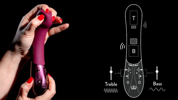 Line drawing of kurve g-spot vibe being squashed and line drawing of its treble and bass technology