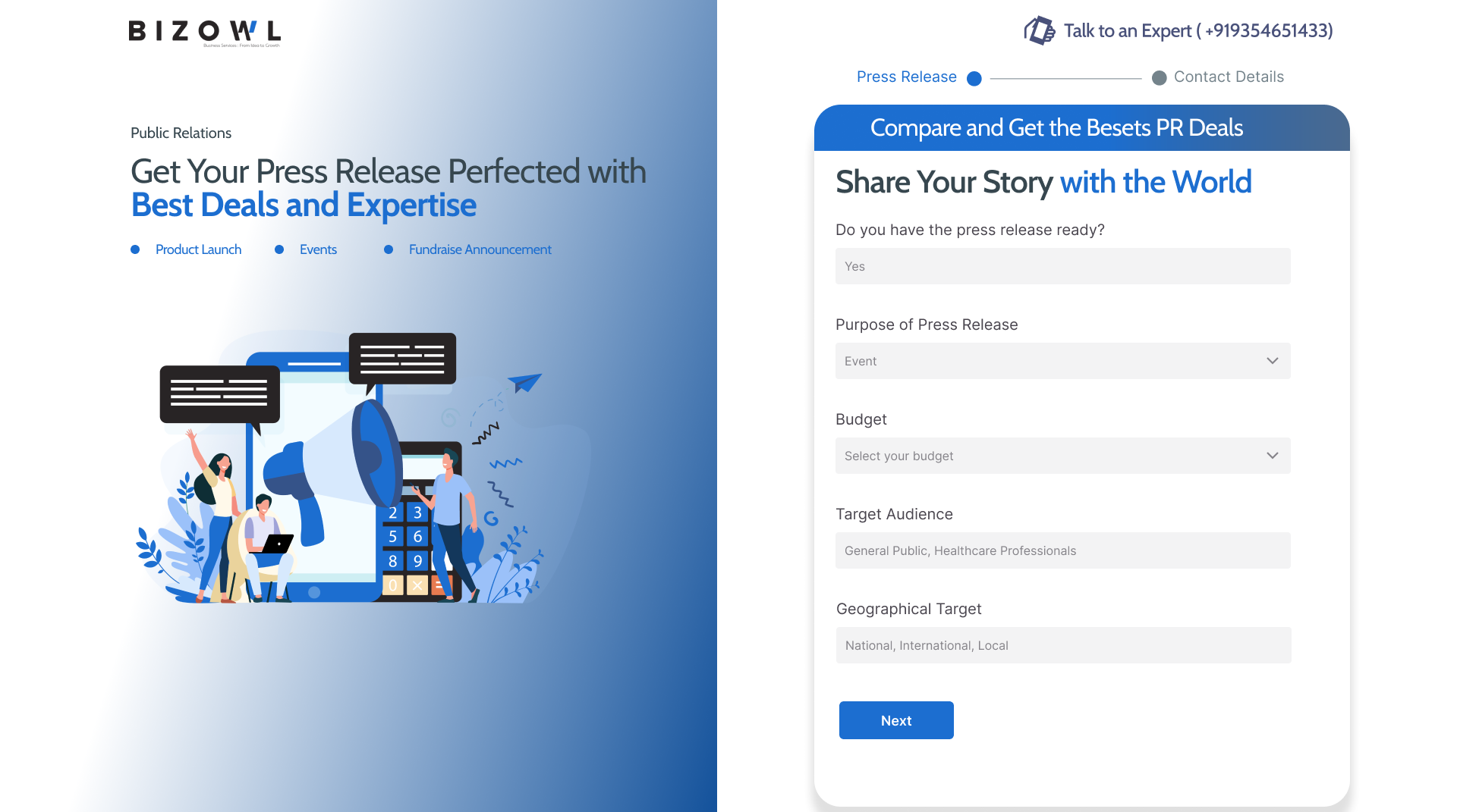 Bizowl Press release distribution service form