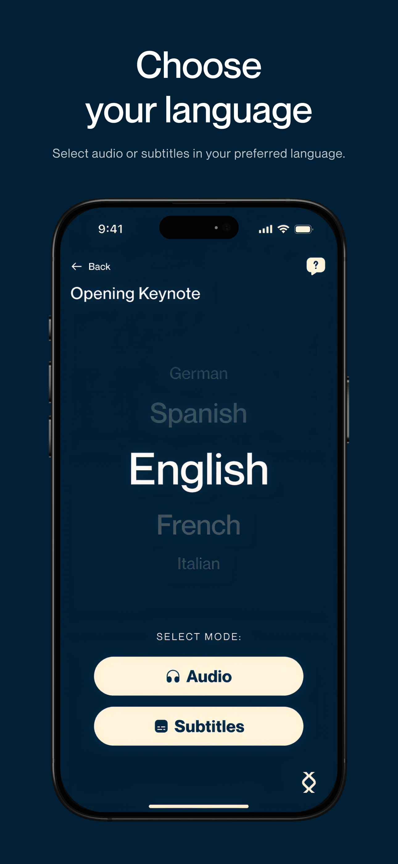 Pantalla de selección de idioma o canal de OLIRA App