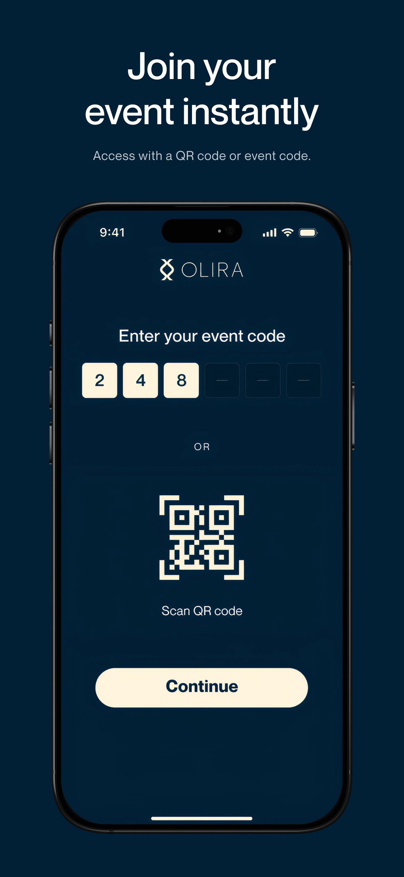 Pantalla de acceso por código o QR de OLIRA App