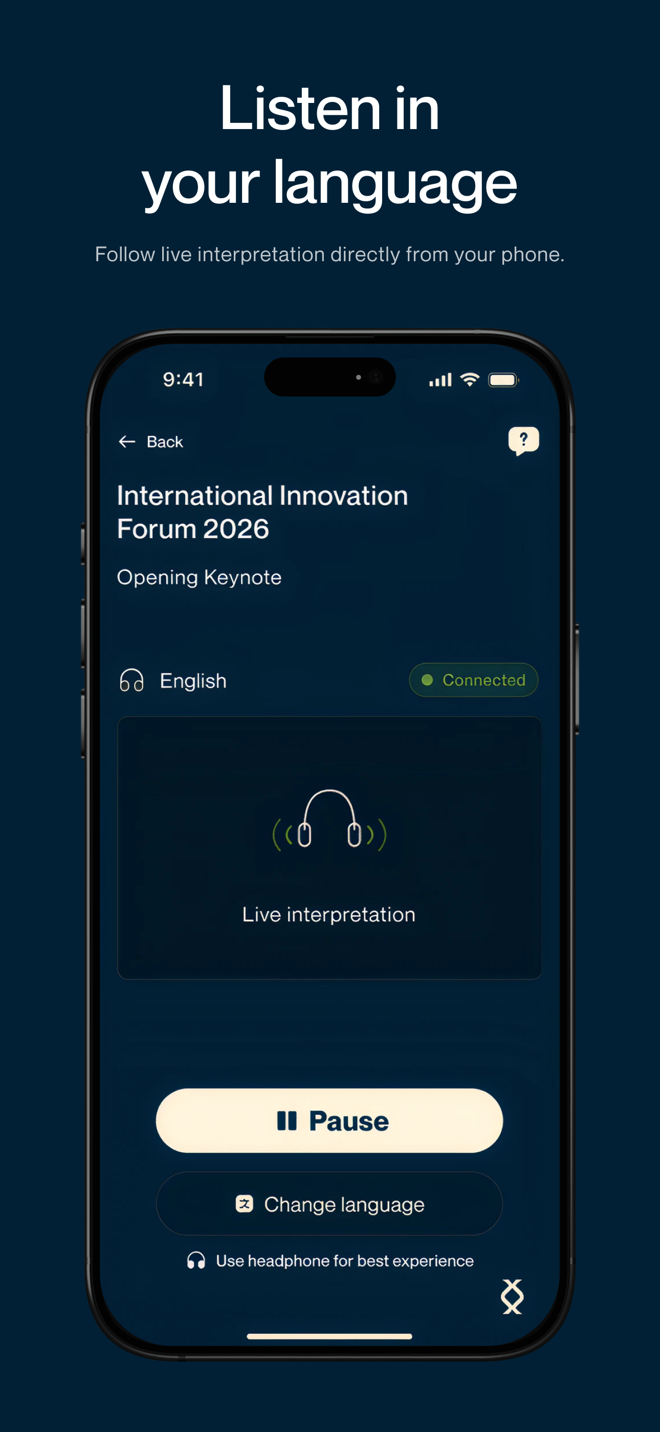 Reproductor de audio de OLIRA App con interpretación simultánea en directo