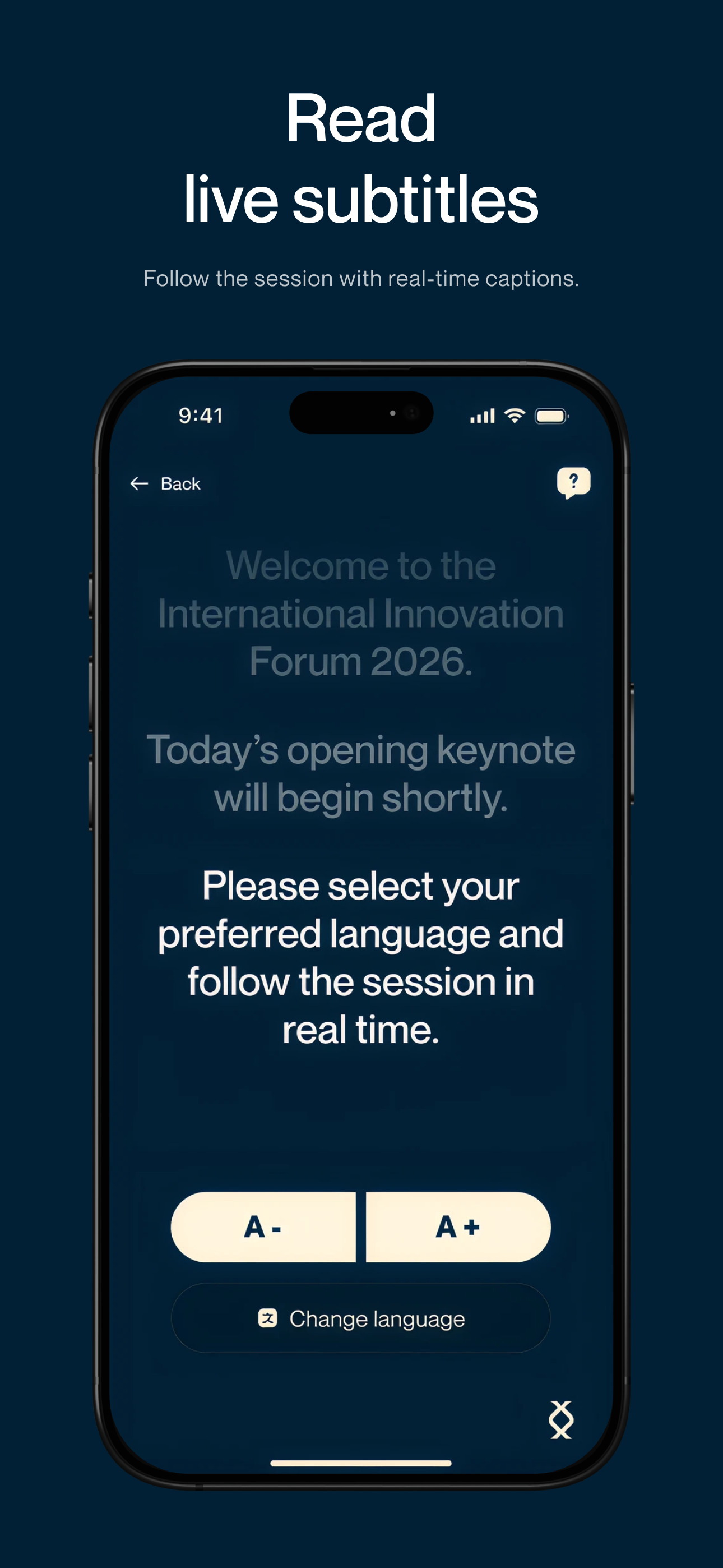 Pantalla de subtítulos en directo de OLIRA App