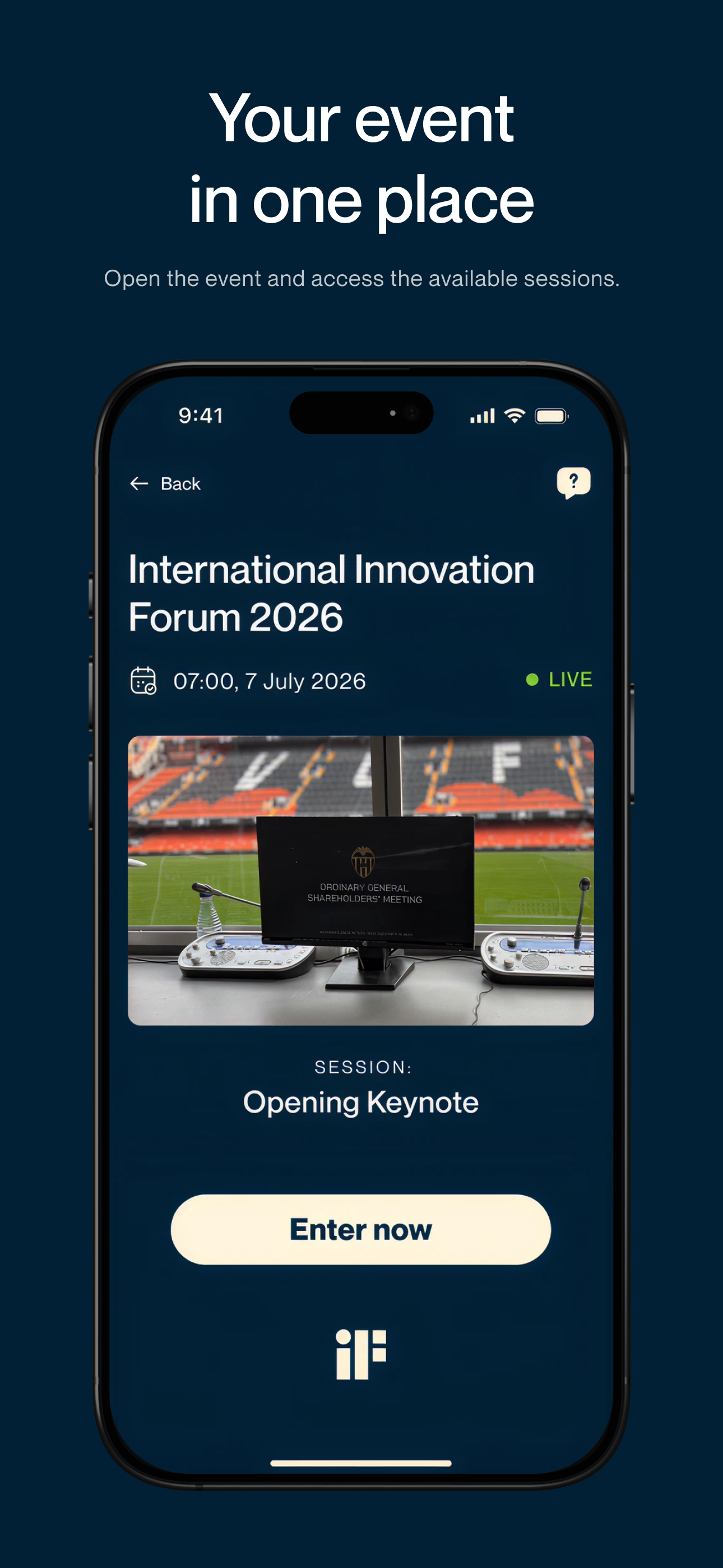 Pantalla de evento de OLIRA App con la información de la sesión