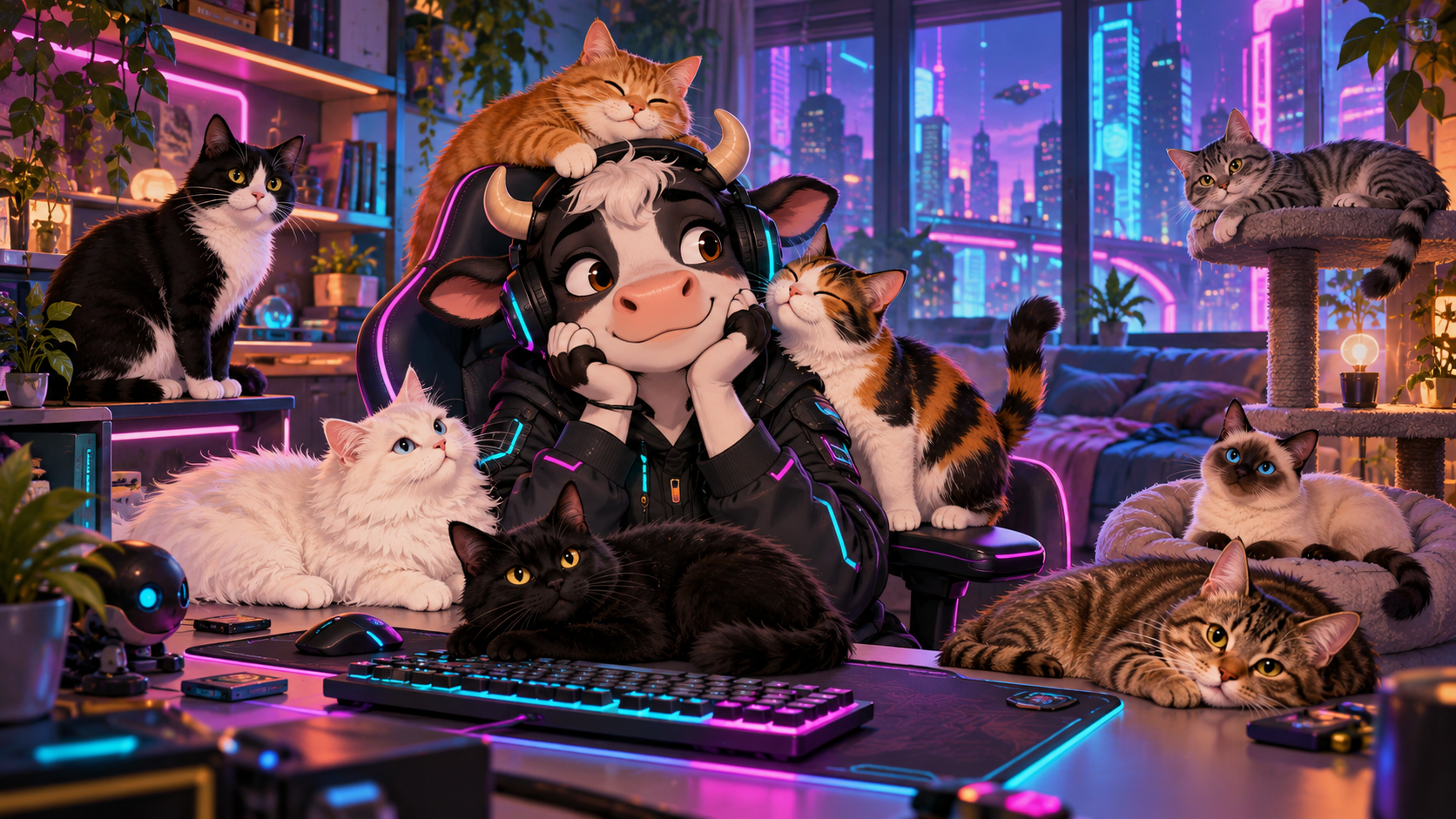 Playful cyberpunk illustration of Shmee Cow's headset-wearing cow mascot surrounded by eight cats.