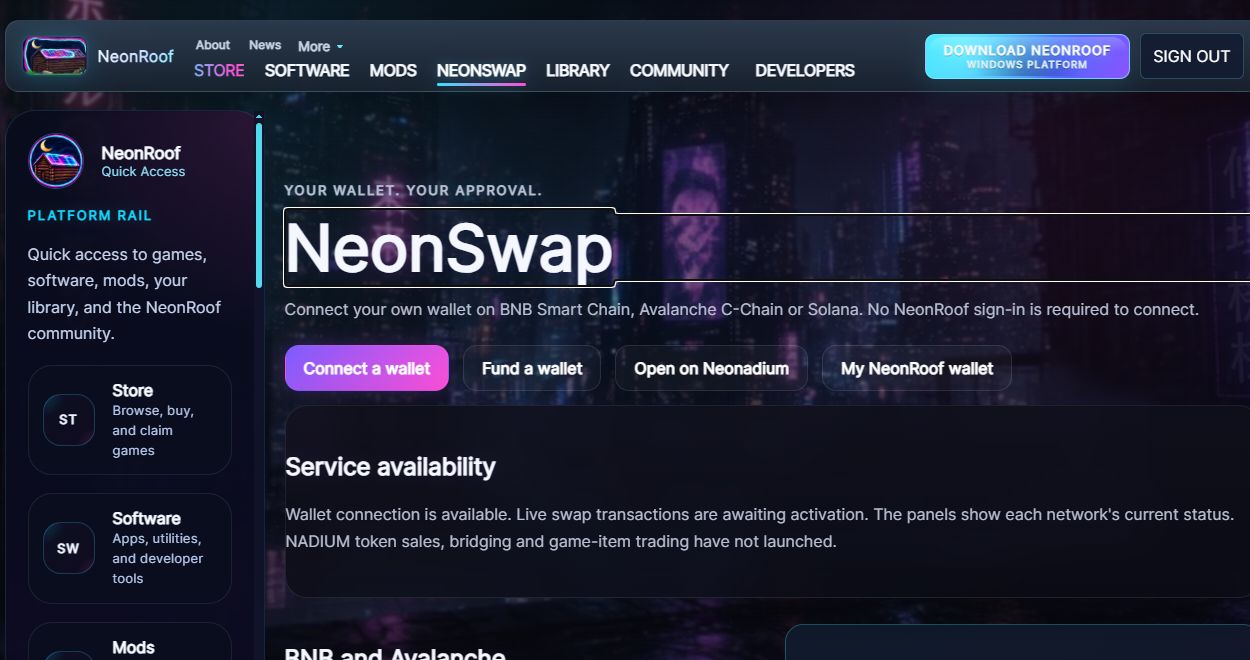 NeonSwap on NeonRoof: the actual wallet interface showing BNB, Avalanche and Solana access and the pre-launch NADIUM service status