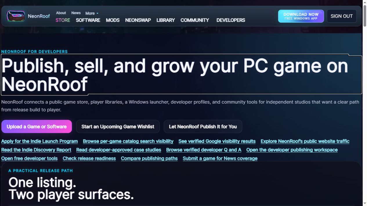 Actual NeonRoof developer publishing page, captured October 14, 2026: game publishing, wishlists and connected discovery.